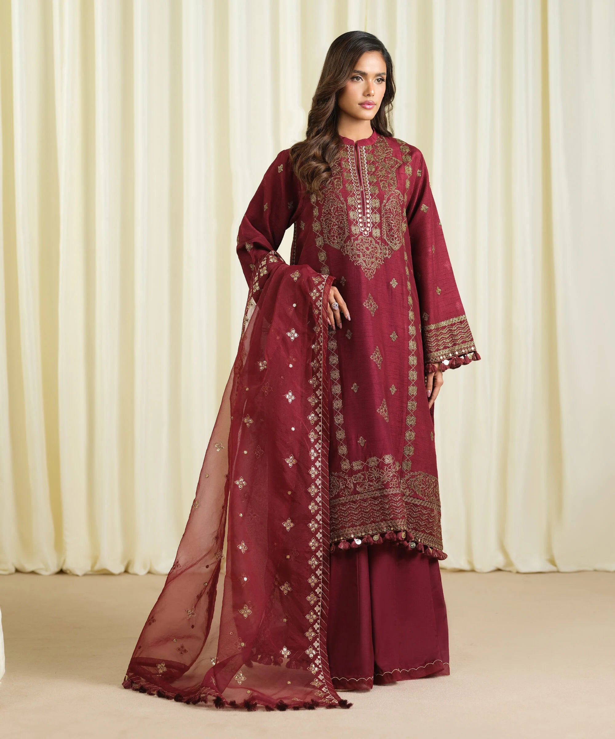 3 Piece - Embroidered Raw Silk Suit