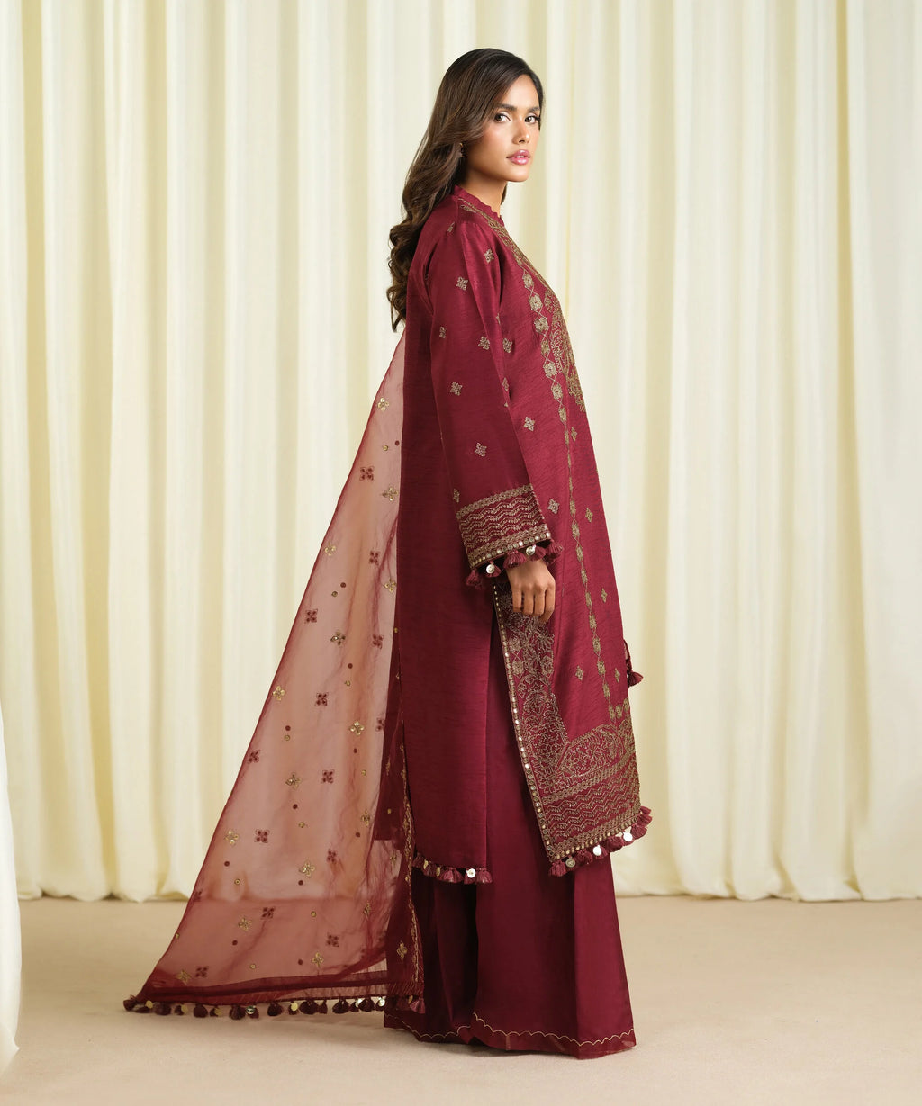 3 Piece - Embroidered Raw Silk Suit