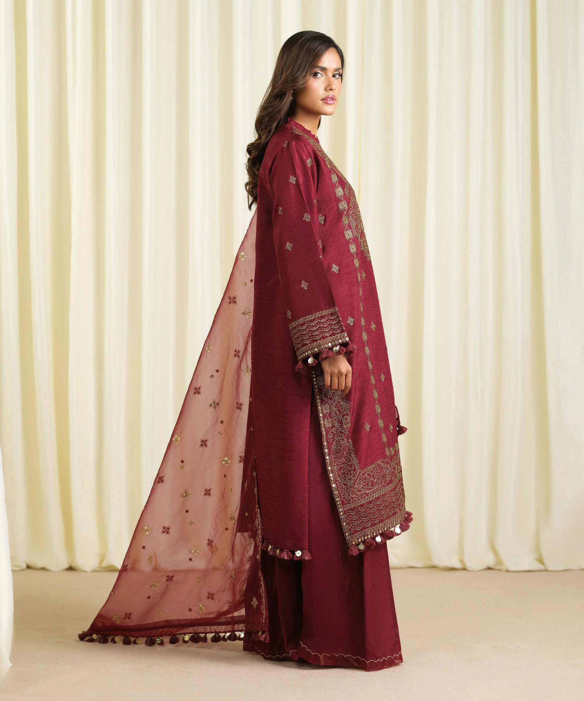 3 Piece - Embroidered Raw Silk Suit