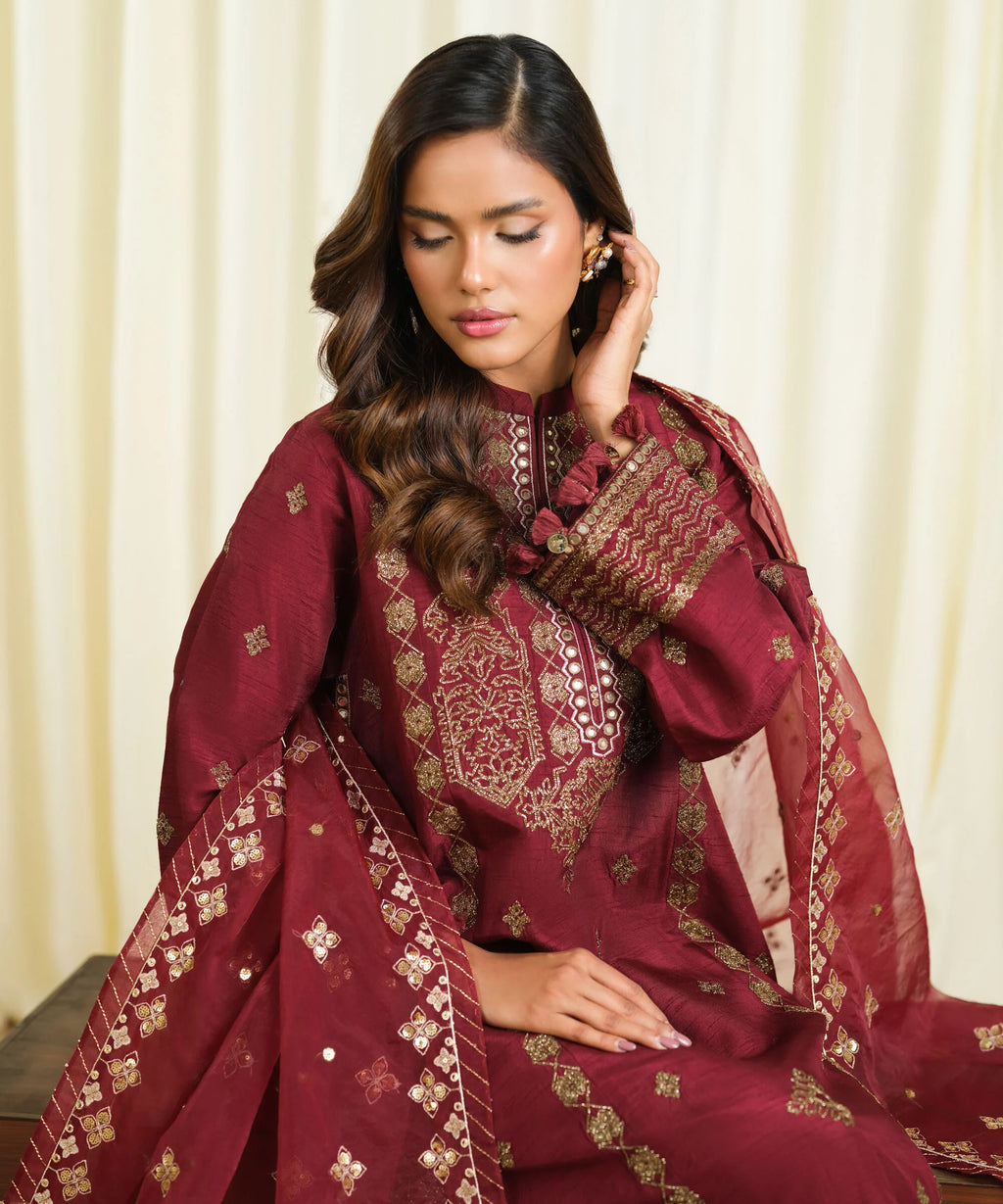 3 Piece - Embroidered Raw Silk Suit