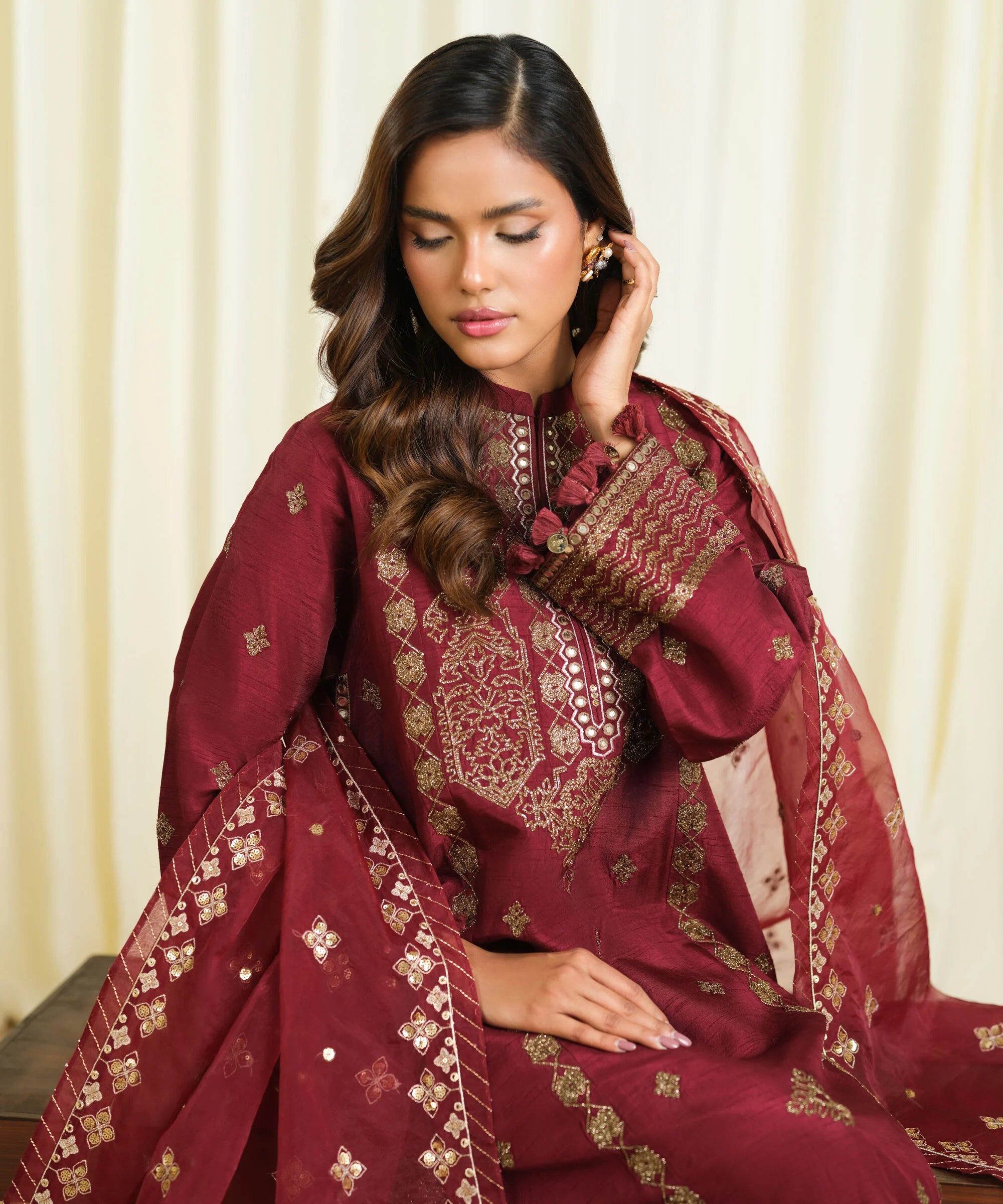 3 Piece - Embroidered Raw Silk Suit