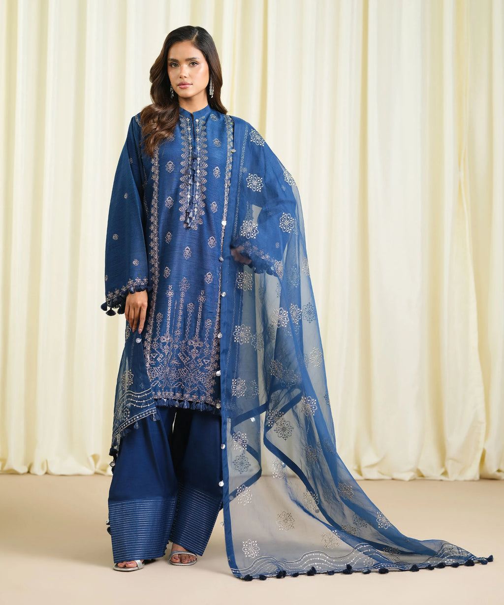3 Piece - Embroidered Raw Silk Suit