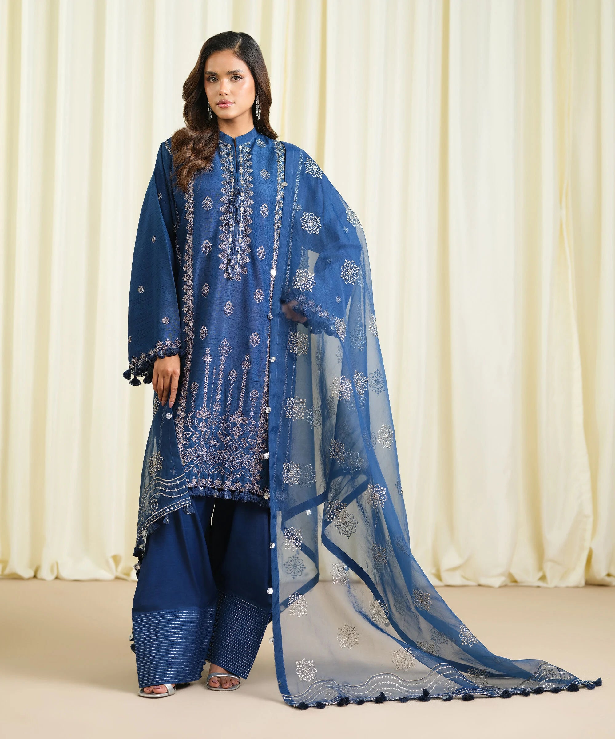 3 Piece - Embroidered Raw Silk Suit