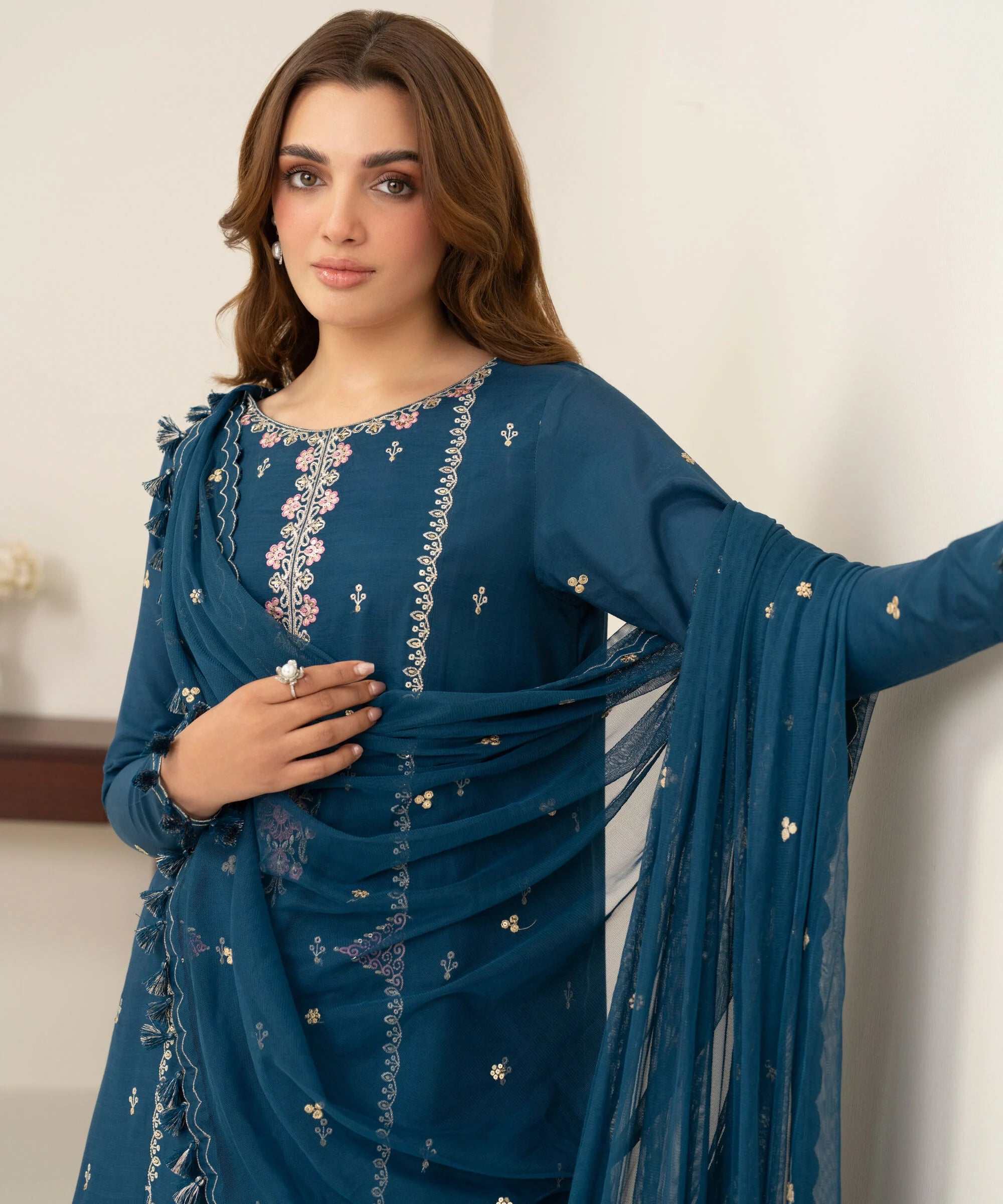 3 Piece - Embroidered Raw Silk Suit