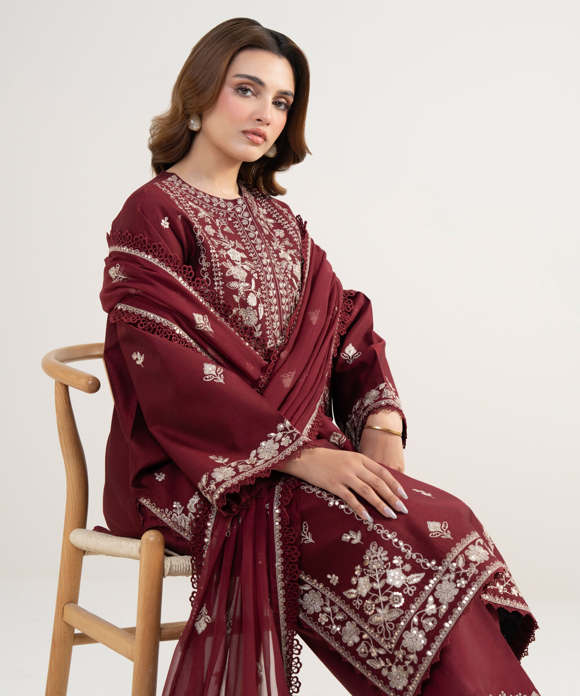 3 Piece - Embroidered Cotton Net Suit