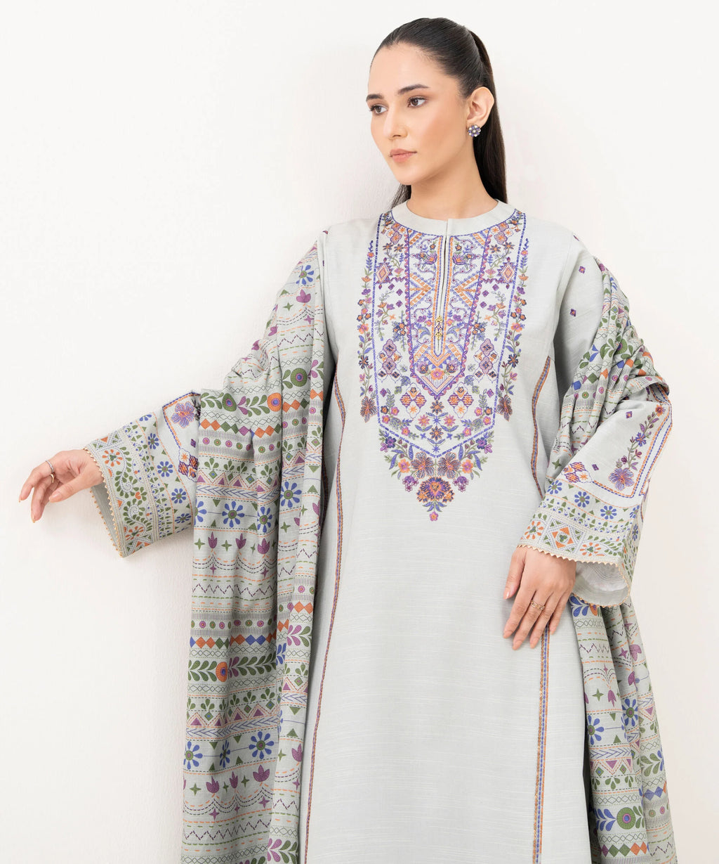 3 Piece - Embroidered Light Khaddar Suit