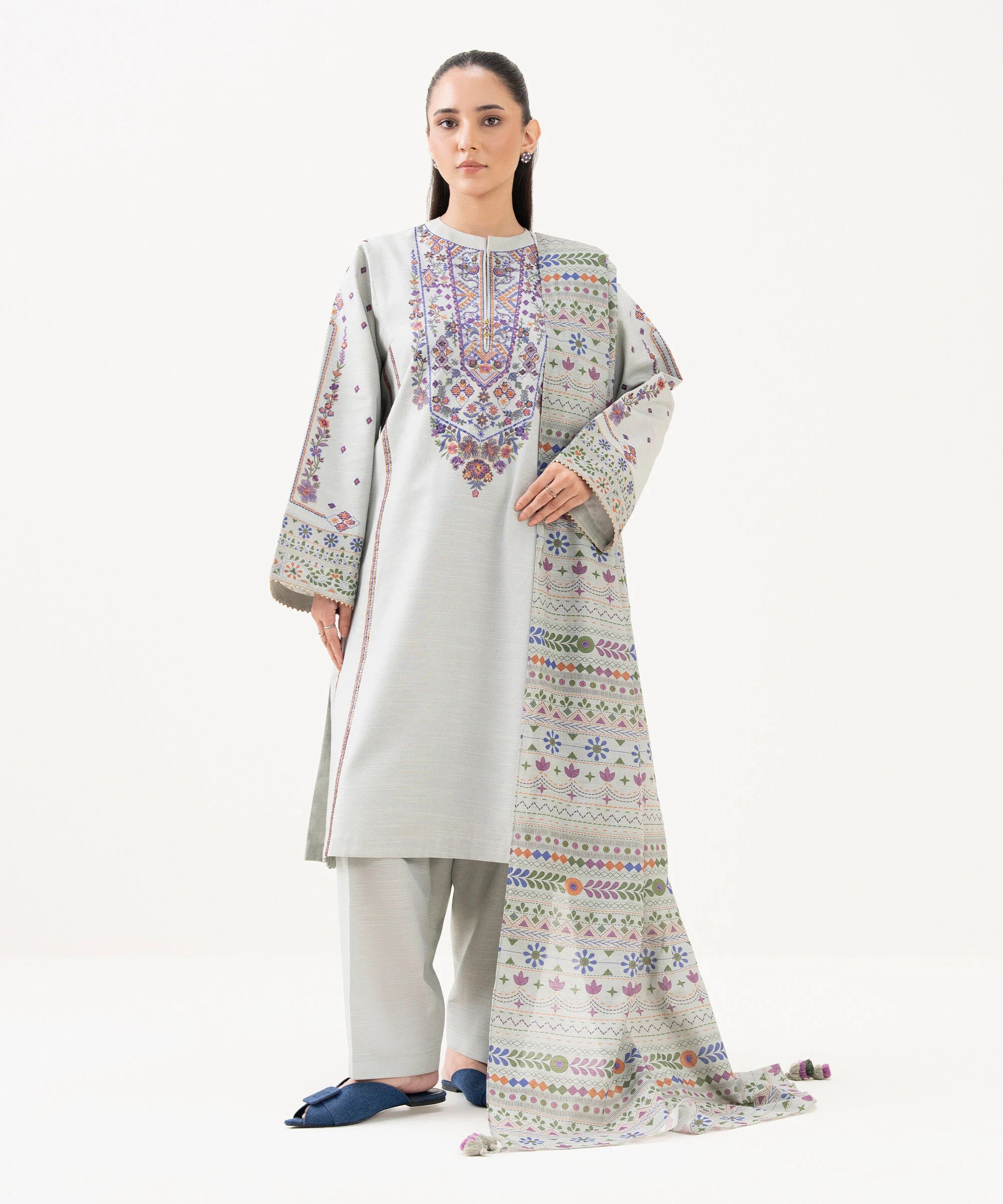 3 Piece - Embroidered Light Khaddar Suit