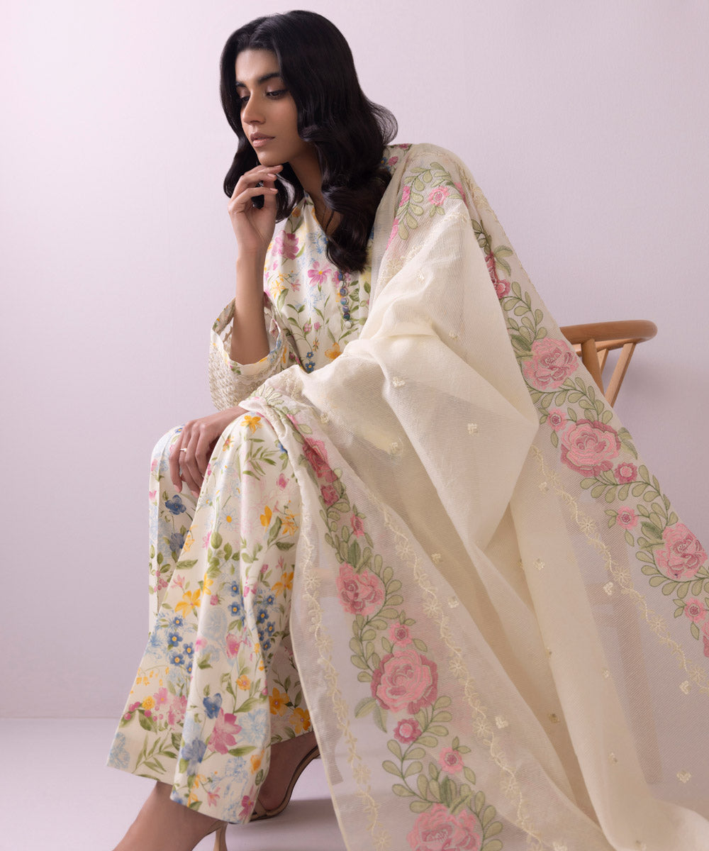 3 Piece - Embroidered Cotton Satin Suit
