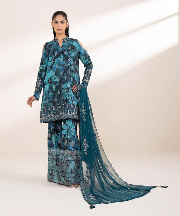 3 Piece - Embroidered Cotton Satin Suit