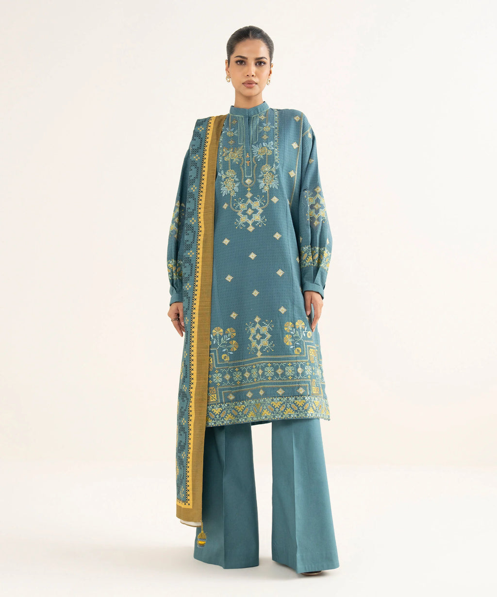 3 Piece - Embroidered Dobby Suit