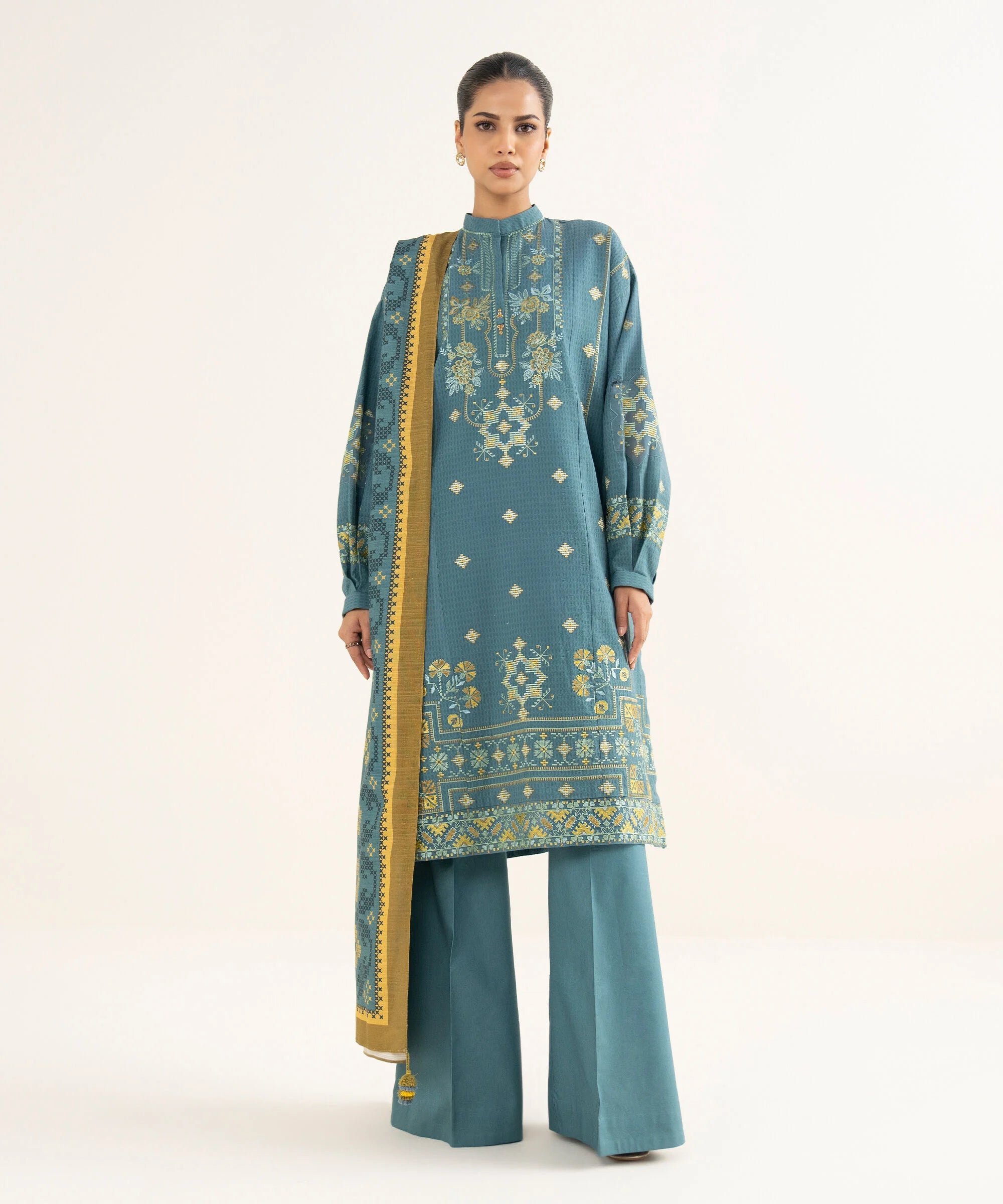 3 Piece - Embroidered Dobby Suit