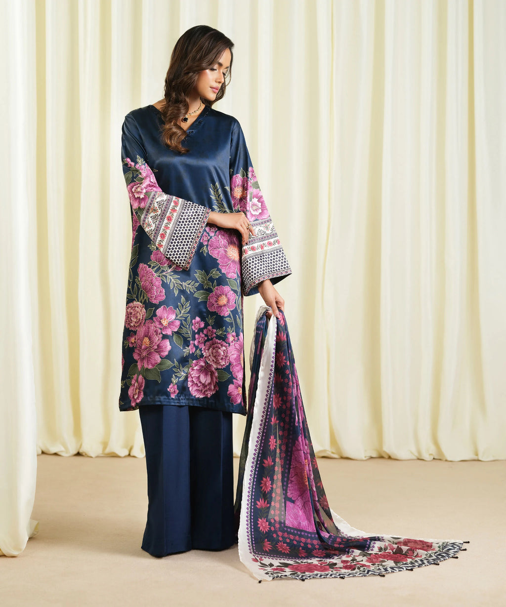 3 Piece - Embroidered Satin Suit