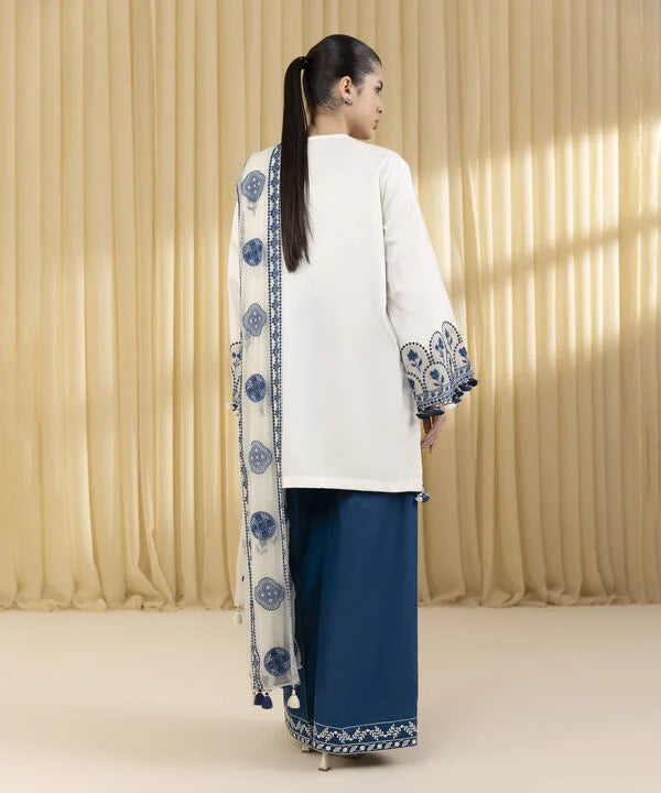 3 Piece - Embroidered Cotton Satin Suit