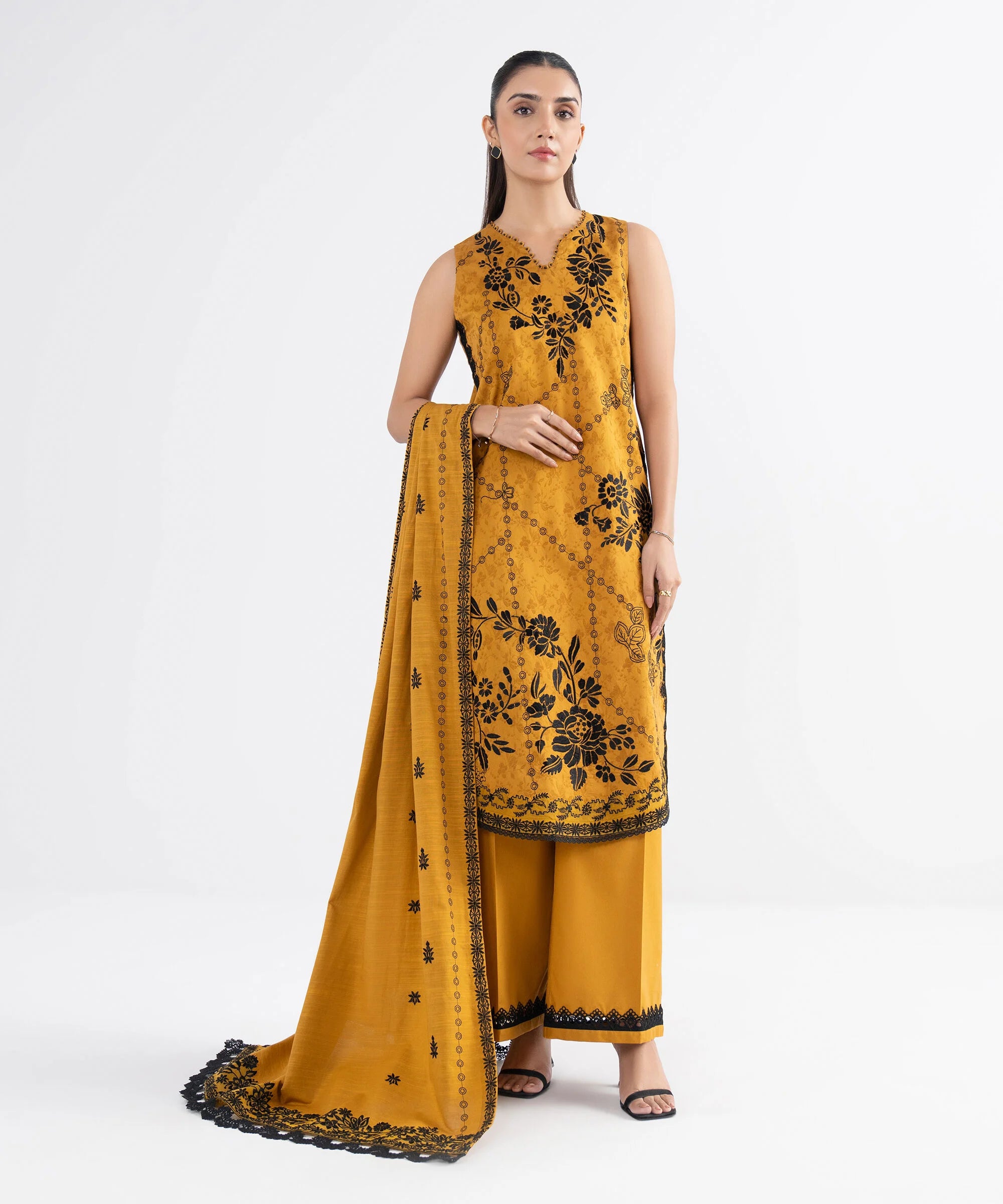 3 Piece - Embroidered Cotton Jacquard Suit